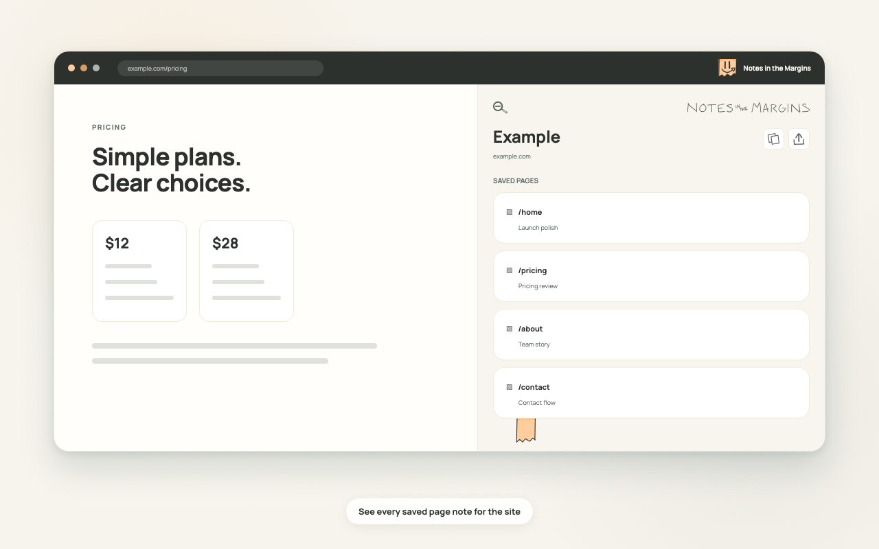 The domain overview showing a site-wide note and saved notes for several page paths