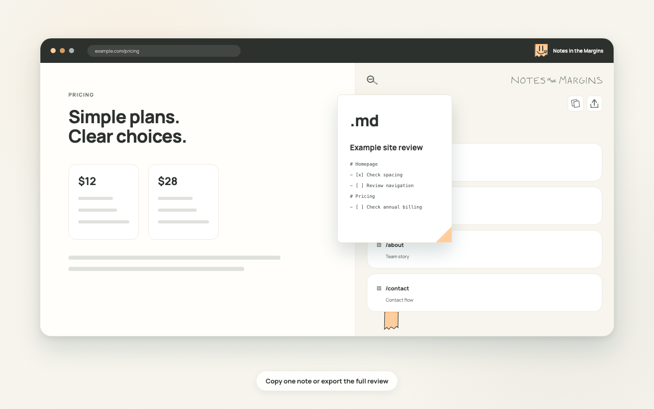 Notes in the Margins exporting page and domain notes as Markdown